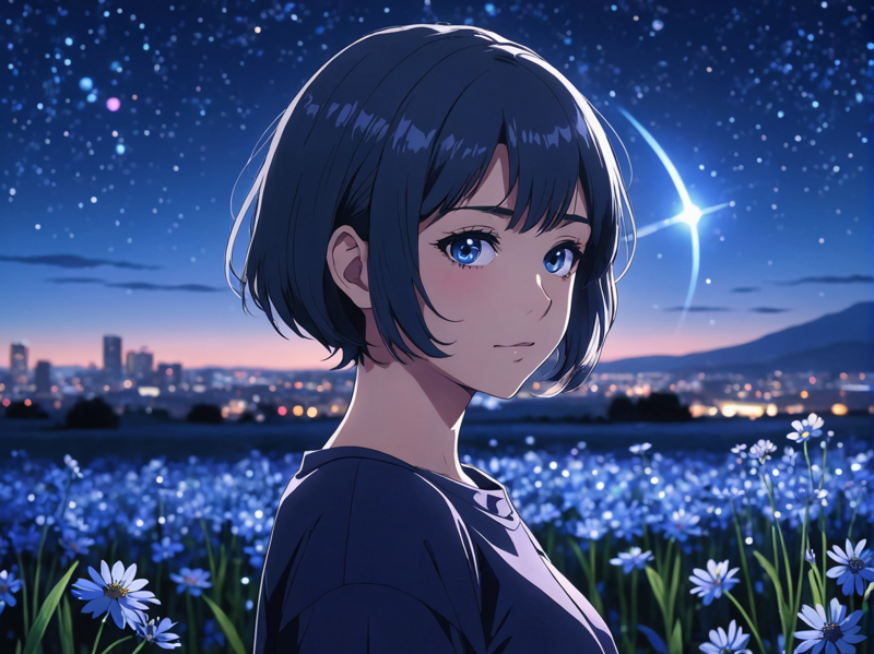 31075409-2084045068-anime girl, night, blue light behind her,  ((Galaxy, Lens flare)), short hair, flower field, night sky, cinematic shot. Wallpape.png